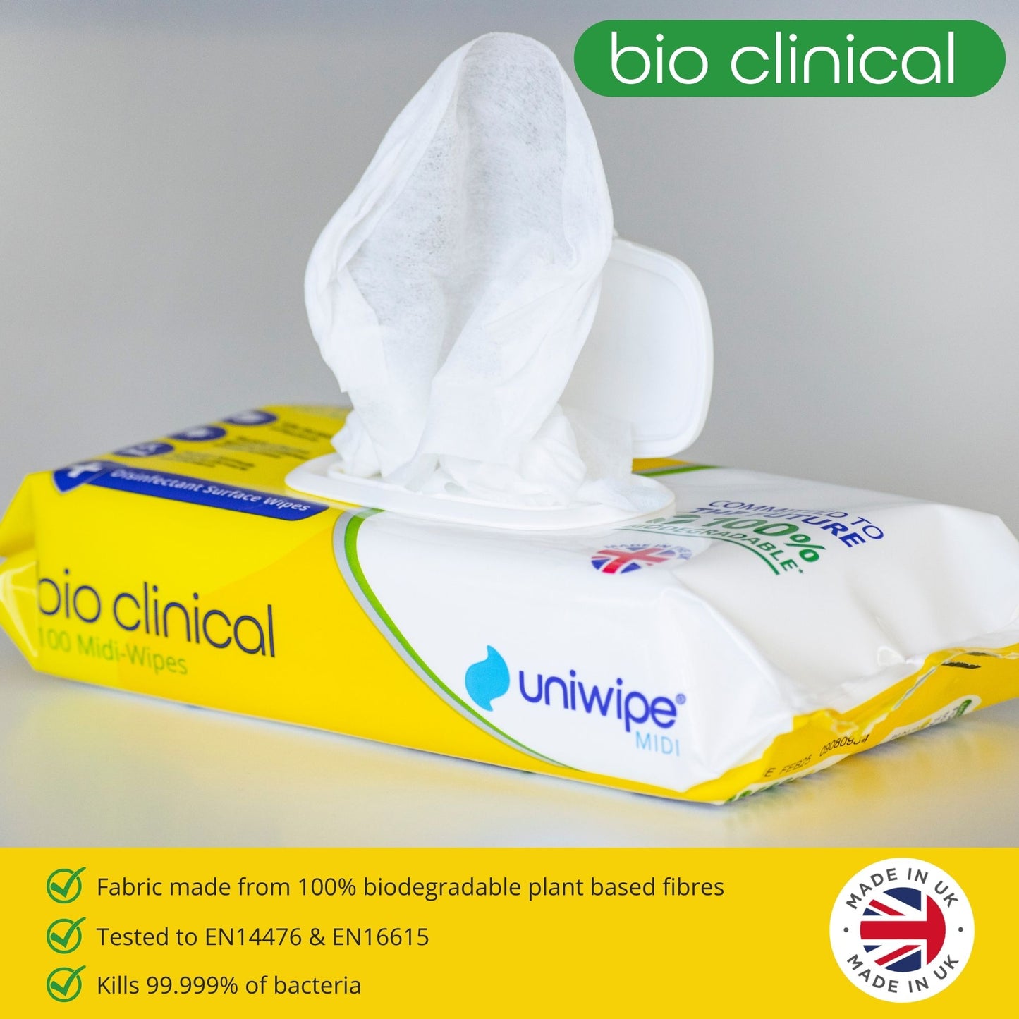 Uniwipe - Bioclinical Disinfectant Surface Wipes 100% Biodegradable Wipes (Pack of 100)