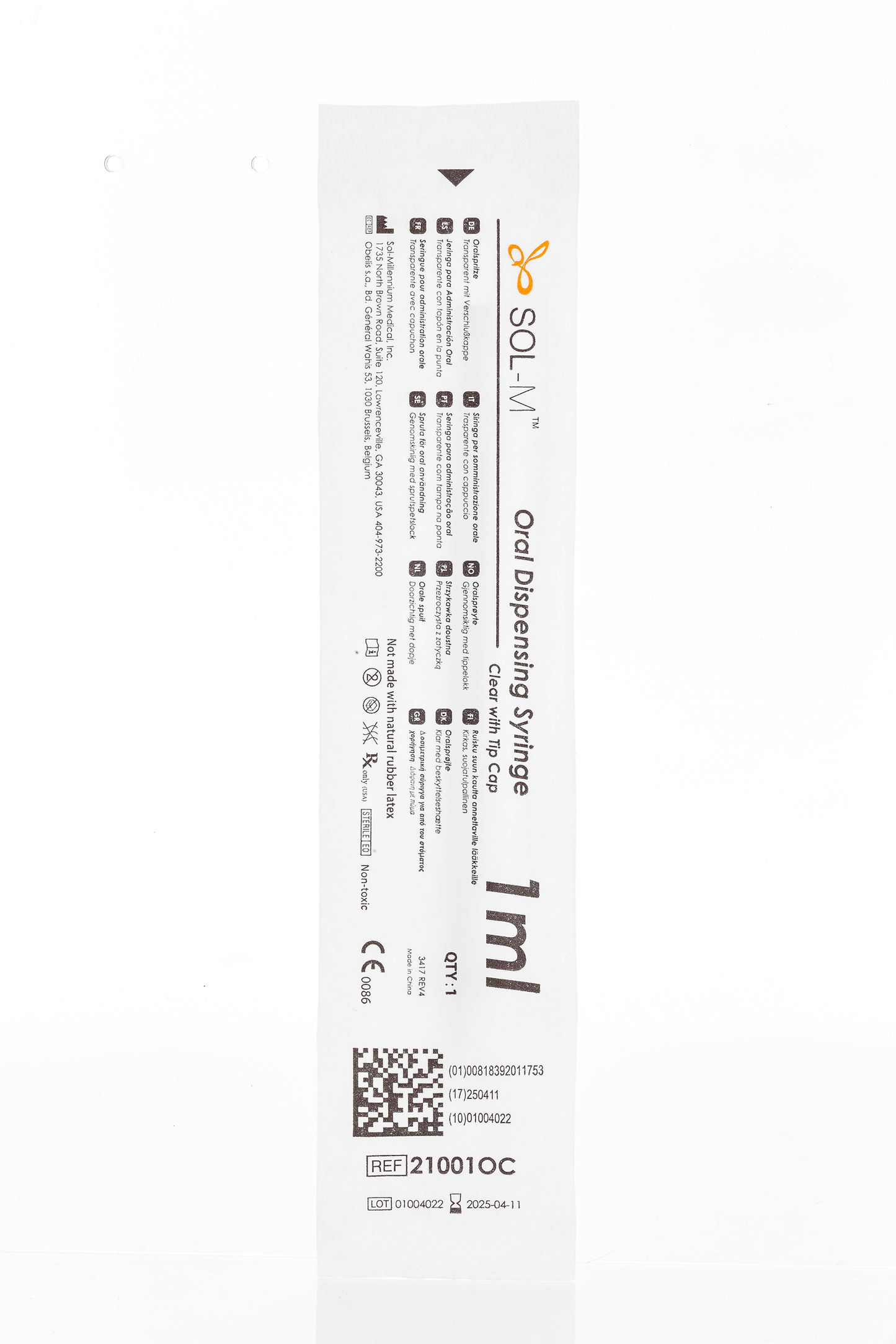 10ml SOL-M™ Oral Syringe w/ Tip Cap, Clear Barrel, White Plunger - Box 100