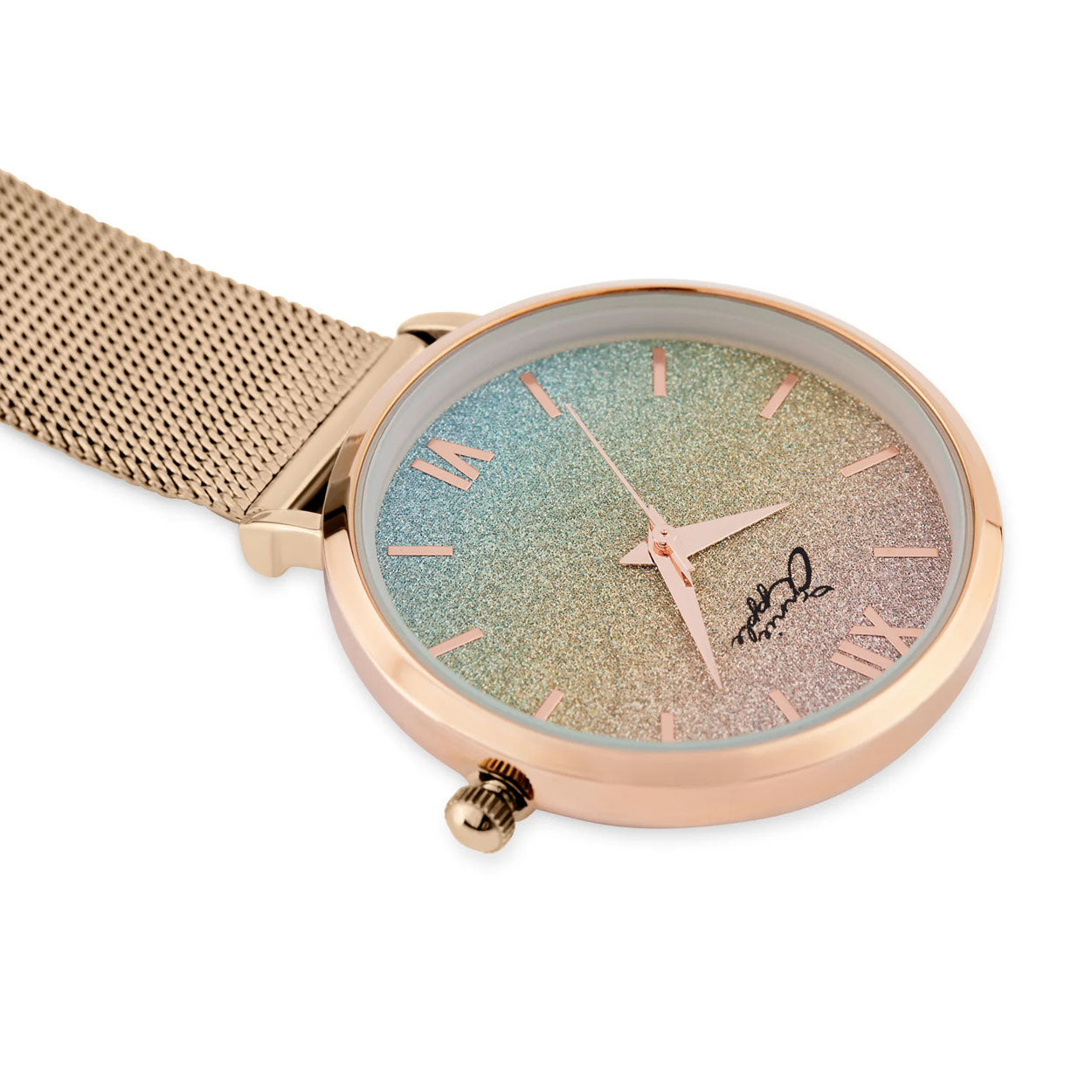 Annie Apple Nurses Fob Watch - Aurora - Glitter Rainbow/Rose Gold - Mesh - 35mm