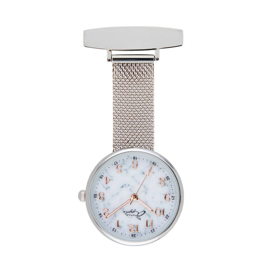 Annie Apple Nurses Fob Watch - Venus - Silver Mesh - Blush Leather - 35mm