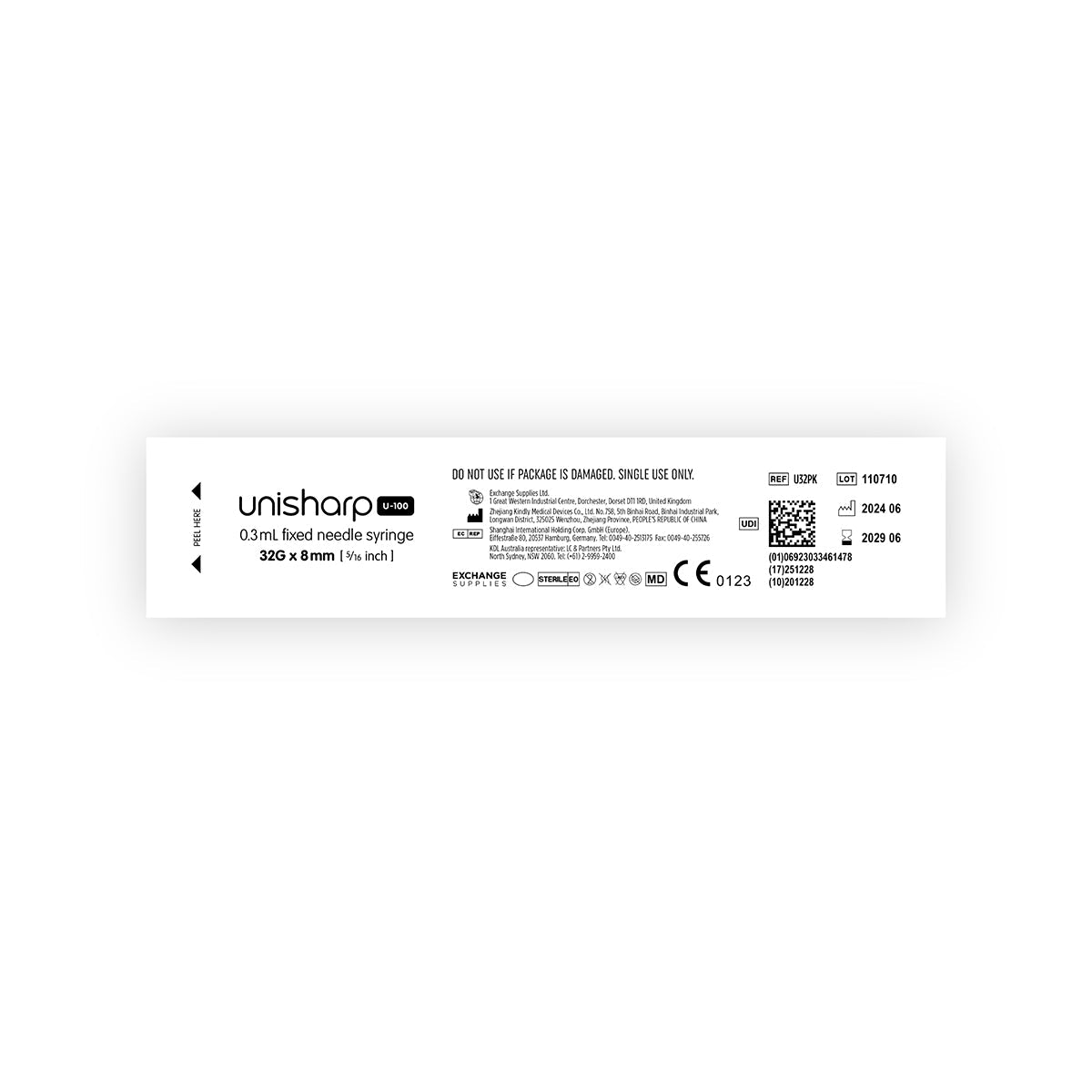 Unisharp 32G 0.3mL Fixed 8mm Needle Syringe - Box of 100