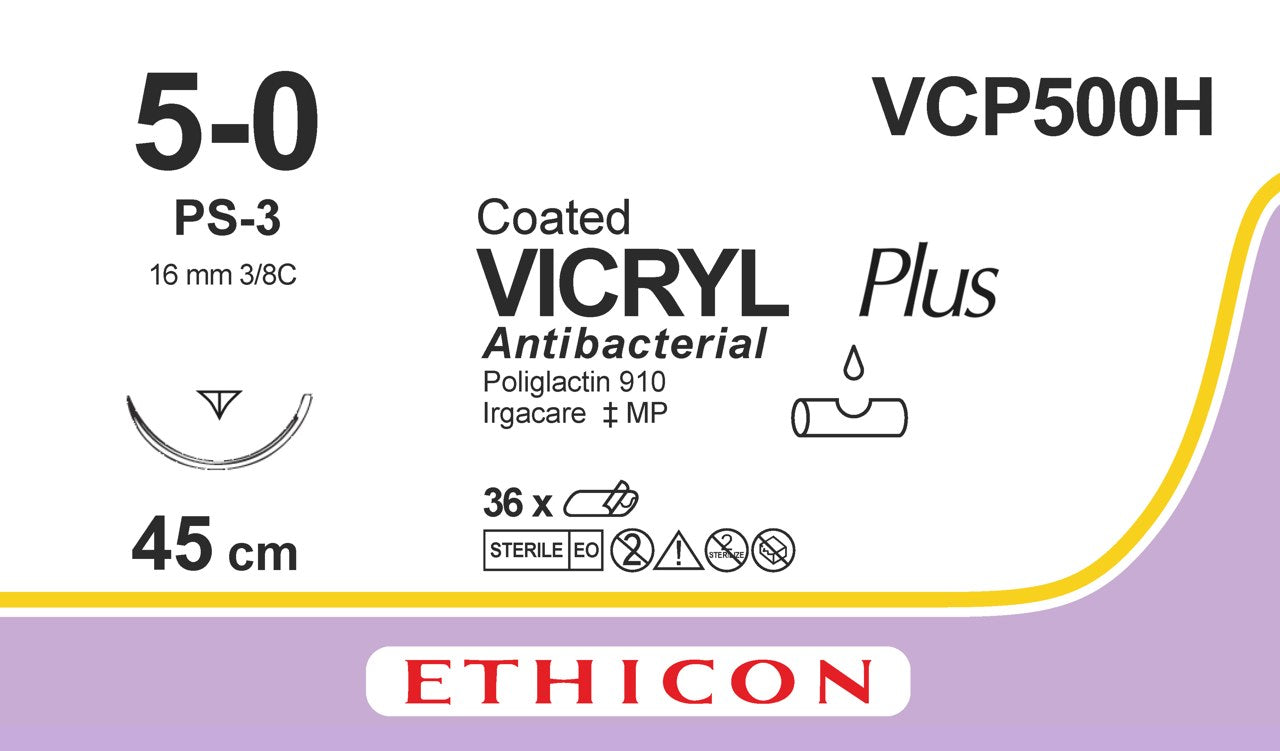 VICRYL PLUS, braided, undyed, 5-0, 45cm, R/Cutting Prime, 16mm, 3/8C - Box of 36