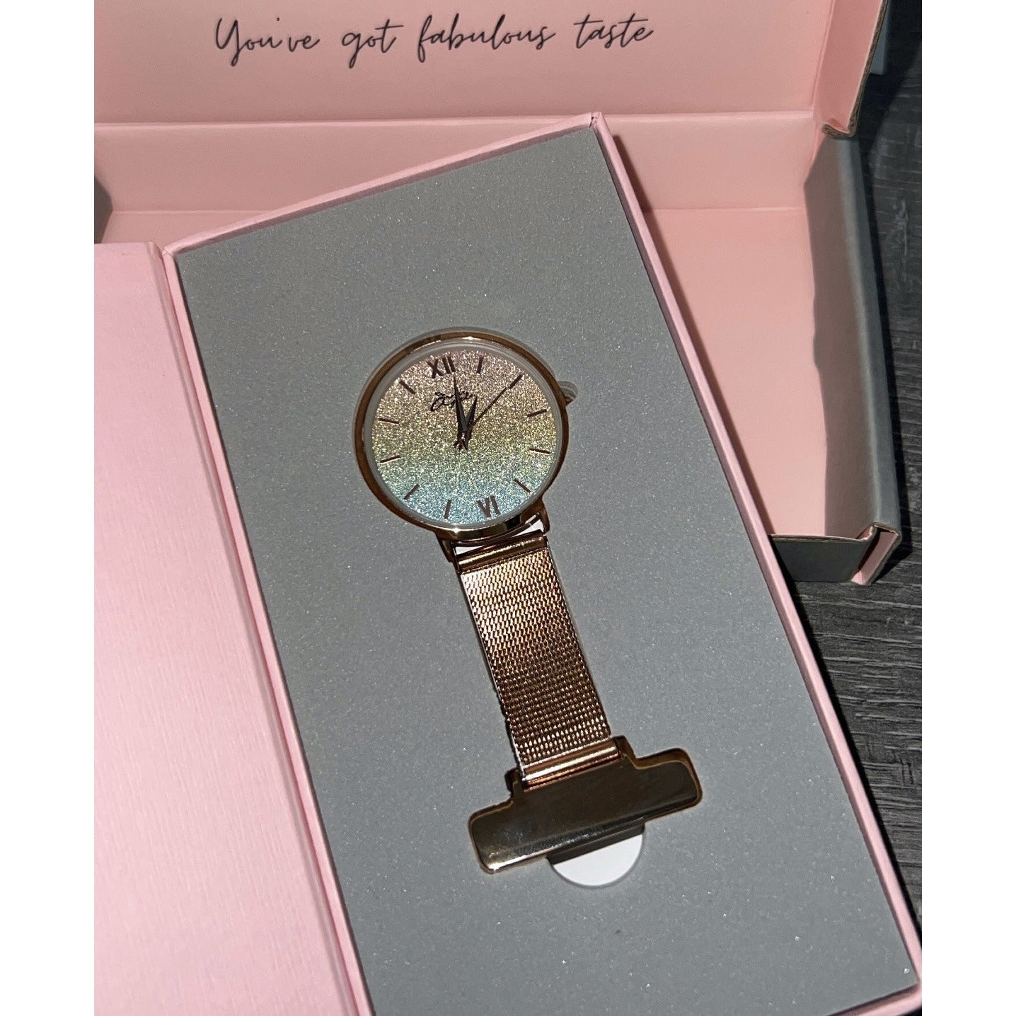 Annie Apple Nurses Fob Watch - Aurora - Glitter Rainbow/Rose Gold - Mesh - 35mm