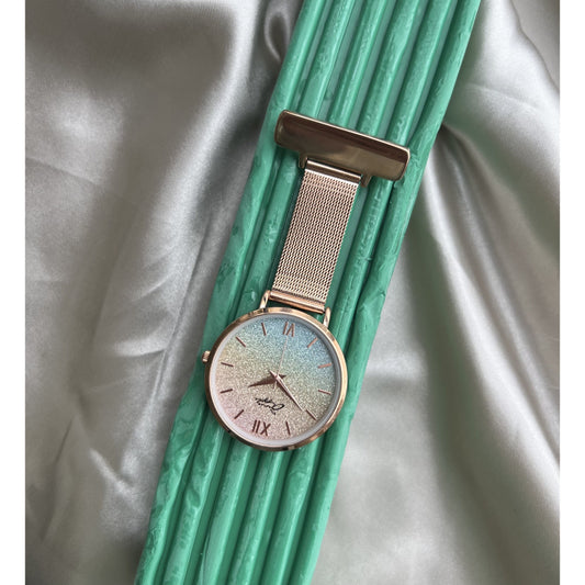 Annie Apple Nurses Fob Watch - Aurora - Glitter Rainbow/Rose Gold - Mesh - 35mm