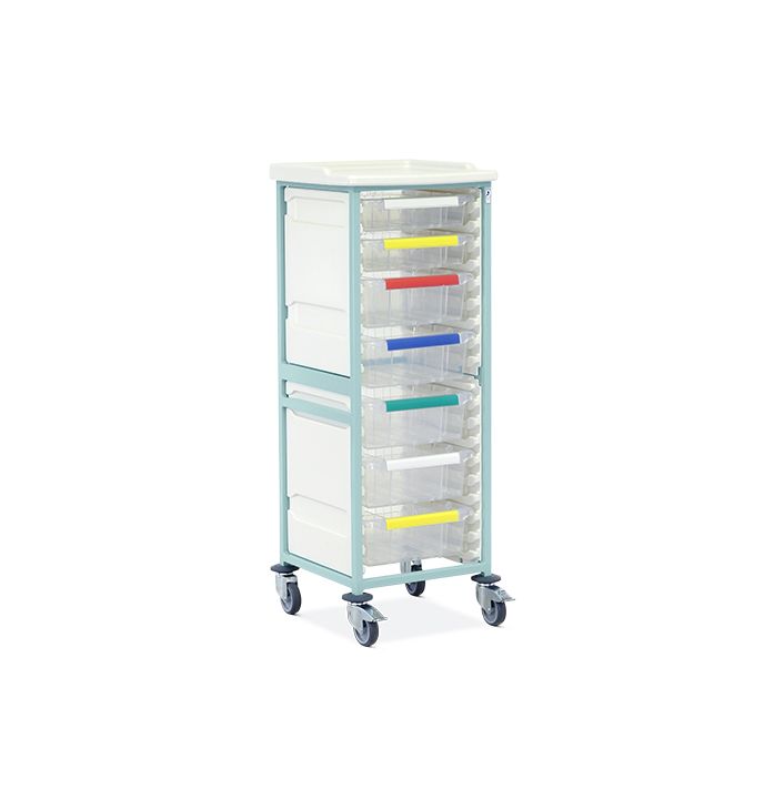 Caretray Trolley - Mild Steel, High Level, Single Column - 2x Shallow Trays, 3x Deep Trays