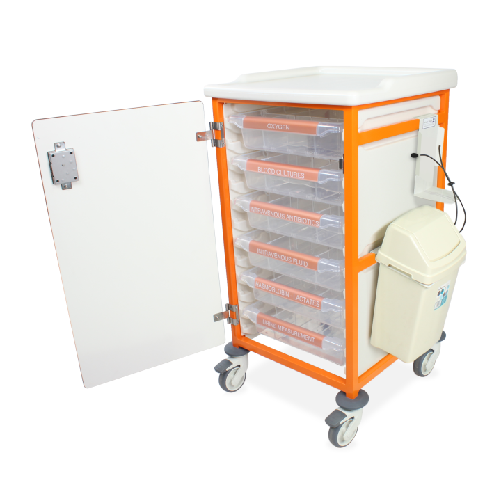 Caretray Trolley - Sepsis - 6x 100mm Trays - Electronic Push Button Lock