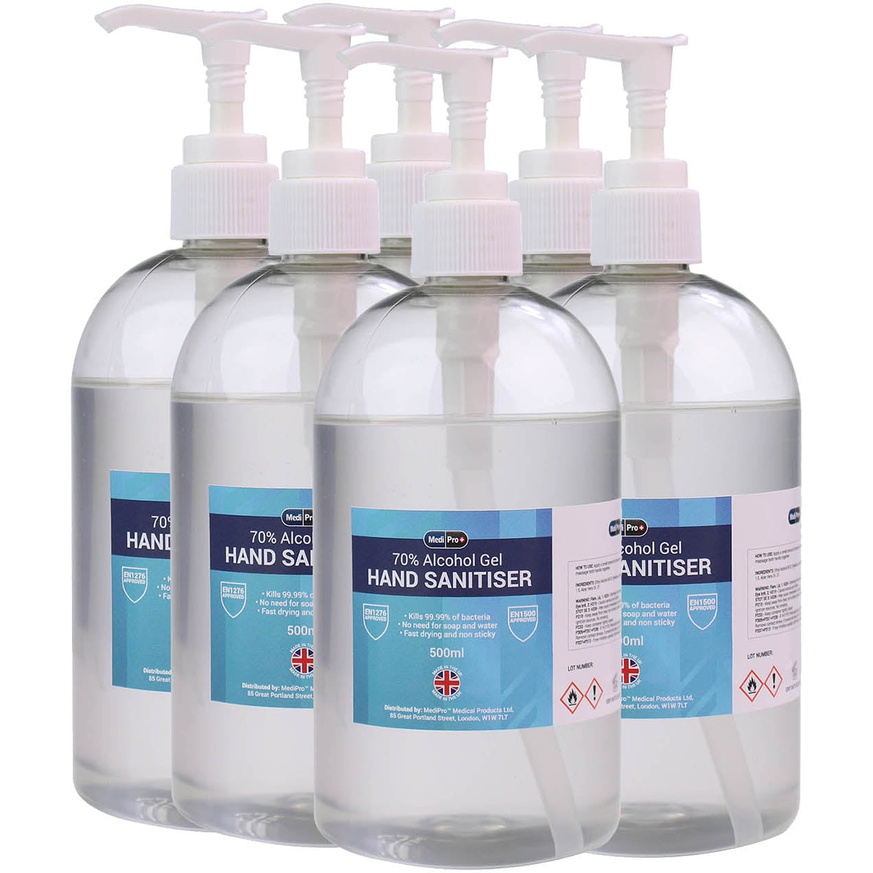 6 x 500ml MediPro 70% Alcohol Hand Sanitiser Gel (With Pump)