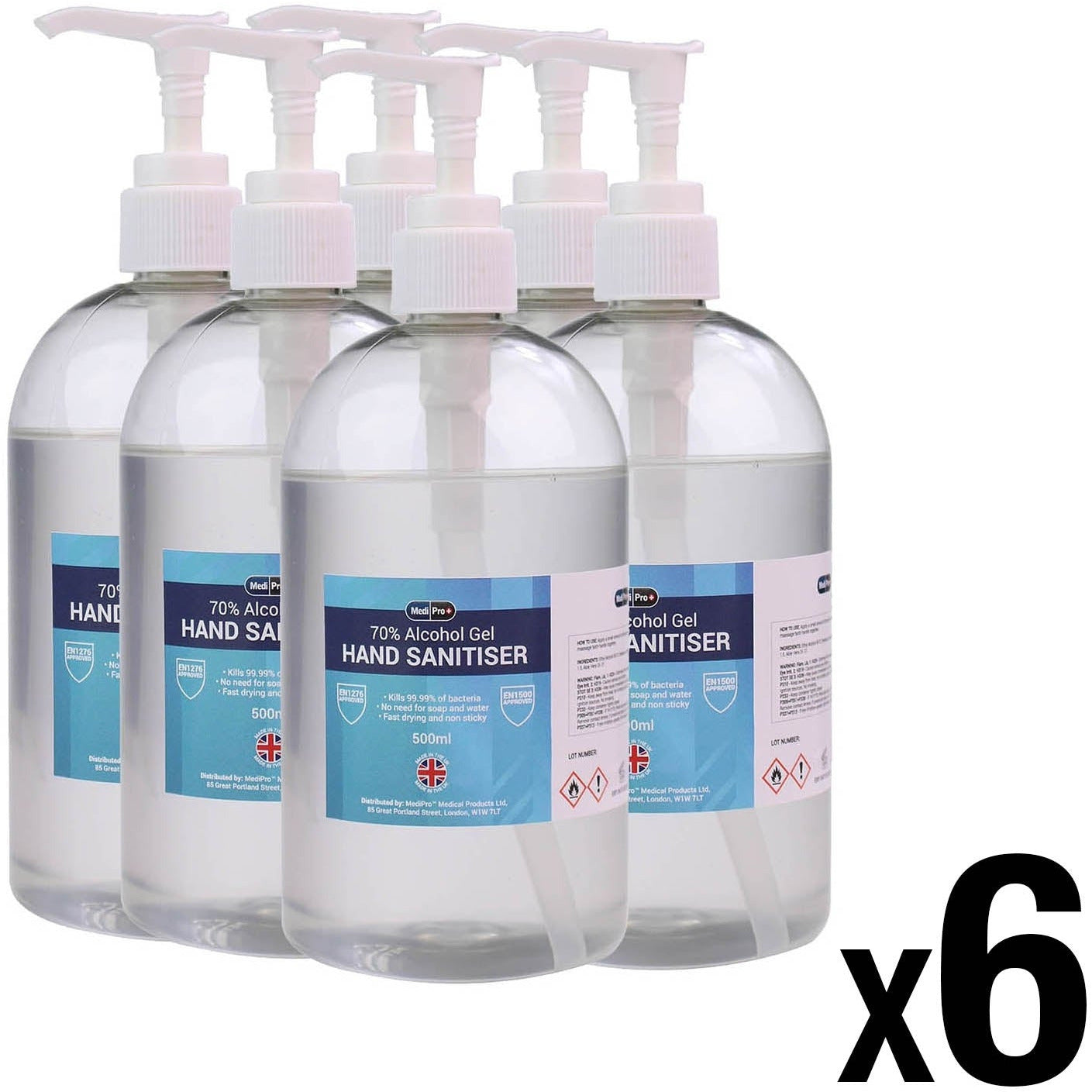 6 x 500ml MediPro 70% Alcohol Hand Sanitiser Gel (With Pump)