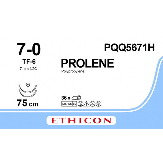 Prolene Suture, Monofilament, Blue, 7-0, 75cm, 2x Taperpoint, 6.5mm, 1/2C - Box of 36
