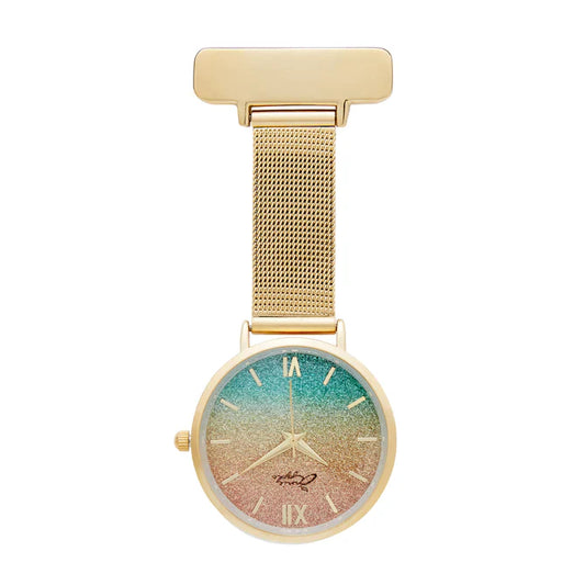 Annie Apple Nurses Fob Watch - Aurora - Glitter Rainbow/Gold - Mesh - 35mm
