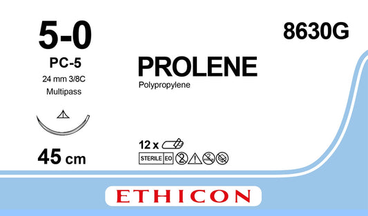 Prolene Monofilament Blue Suture, 5-0, 45cm, 19mm, 3/8C - Box of 12