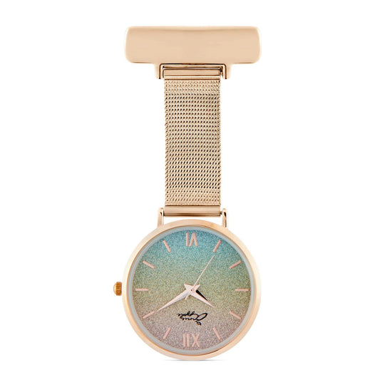 Annie Apple Nurses Fob Watch - Aurora - Glitter Rainbow/Rose Gold - Mesh - 35mm