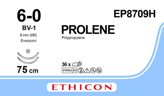Prolene Suture, 30" (75cm), 6-0, BLU, D/A BV-1 EP, 9.3mm, Box of 36