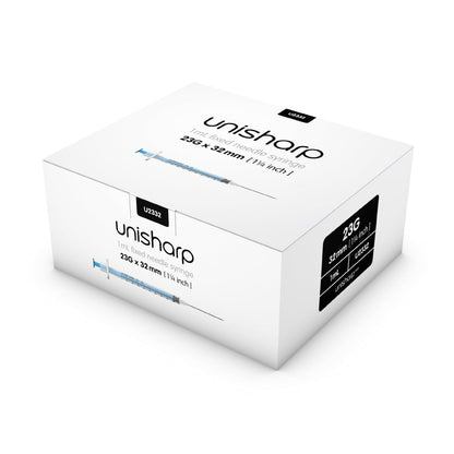 Unisharp 1mL 23G 32mm (1 1/4 inch) fixed needle syringe