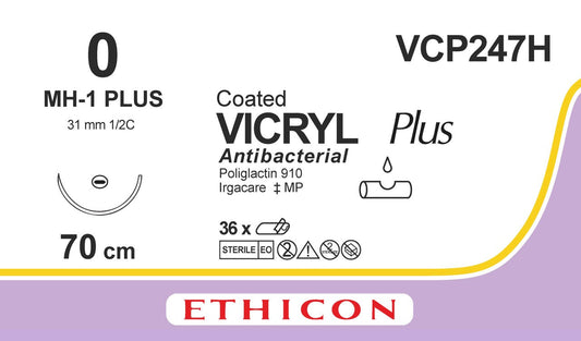 Vicryl Plus Sutures, Braided, Voilet, 0, 70cm, 1x T/Point plus, 31mm,1/2C - Box of 36