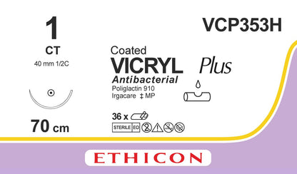 VICRYL Suture PLUS - Braided - Violet - 1 - 70cm - 1 x Taperpoint - 40mm - 1/2C - 36