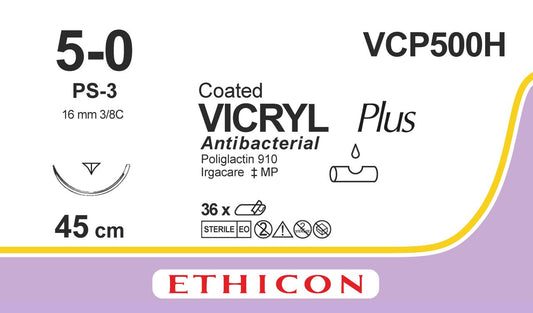 VICRYL PLUS, braided, undyed, 5-0, 45cm, R/Cutting Prime, 16mm, 3/8C - Box of 36