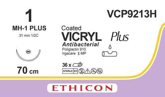 Vicryl Plus Sutures, Braided, Violet, 1, 70cm, 1xT/Point Plus, 31mm, 1/2C - Box of 36