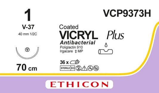 Vicryl Plus Sutures, Braided, Violet, 1, 70cm, 1xTaperpoint,4mm, 1/2C - Box of 36