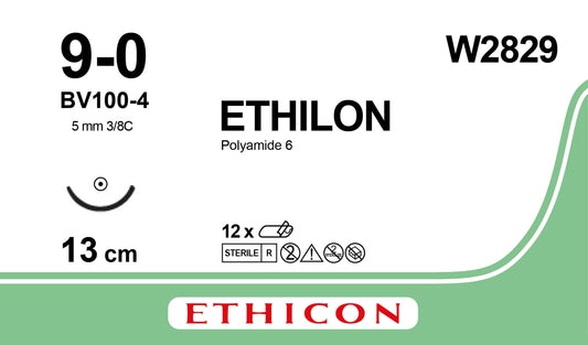 Ethilon Black Suture, 5IN (13CM) 9-0, S/A BV100-4, 5.1mm, Box of 12