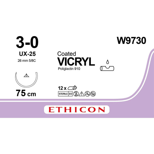 VICRYL Coated, Conventional Cut, undyed, 3-0, 5/8C, 75cm, 26mm, UX-25 Prime - Box of 12