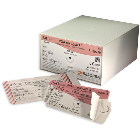 PGA-RESORBA undyed 6/0 usp 1x45cm 1/4 circle spatulated needle PREMIUM cut thin line 8mm double armed - Box of 24